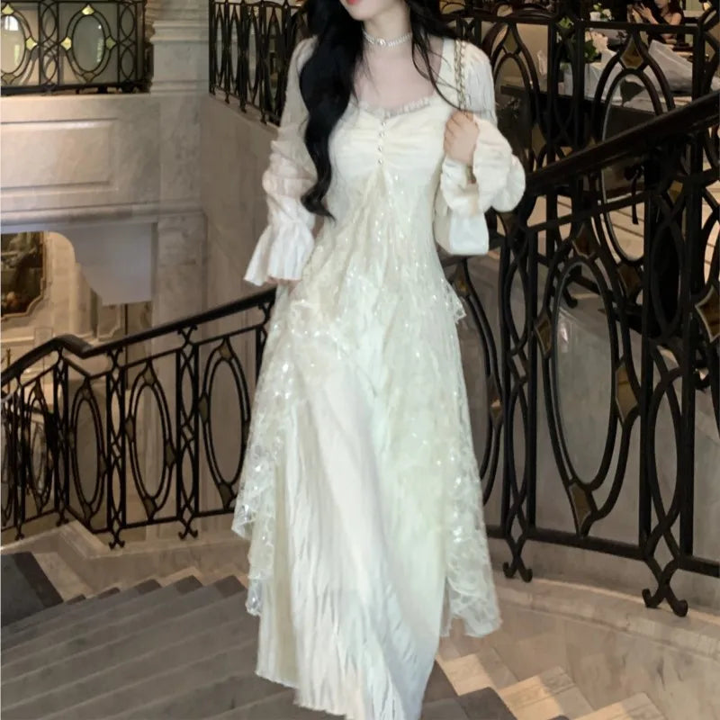 Autumn Winter New Midi Dresses for Lace Ruffles Flare Sleeve A-line Birthday Party Dress Korean Vestidos Mujer