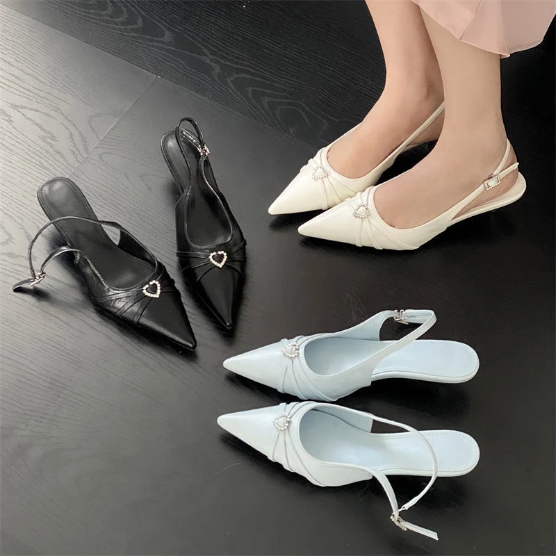 Spring Pointed Toe Slingbacks Pumps Buckle Strap Thin Low Heels Party Prom Female Shoes
