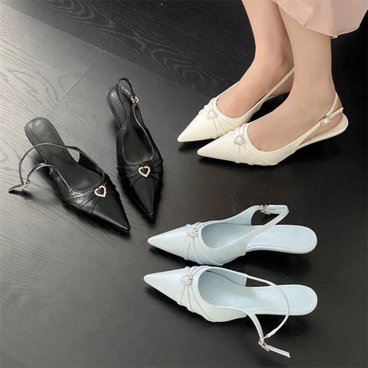 Spring Pointed Toe Slingbacks Pumps Buckle Strap Thin Low Heels Party Prom Female Shoes