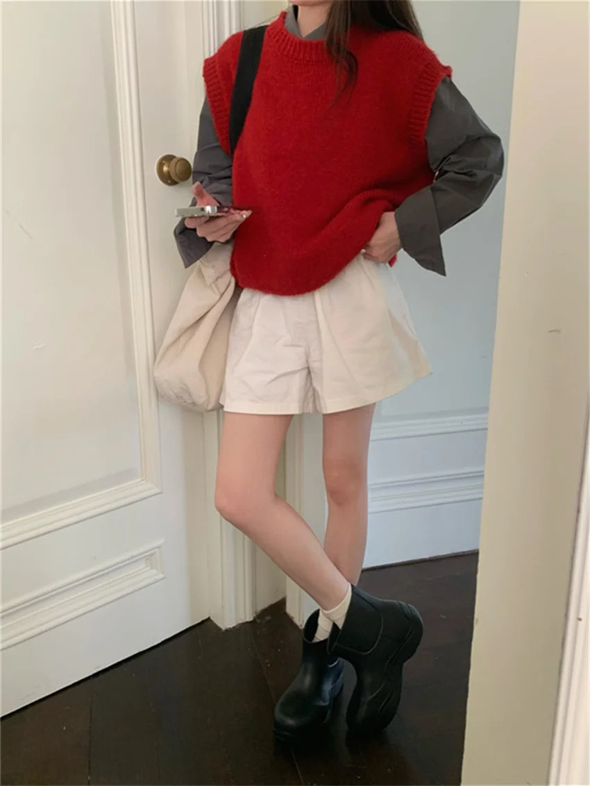New Red Sweaters Vest Loose Daily Knitwear All Match Winter Pullovers Gentle Slim