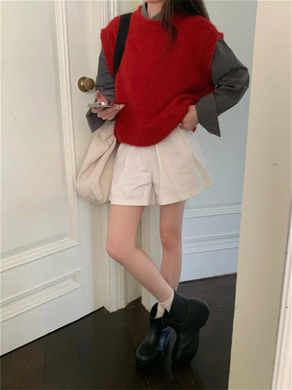 New Red Sweaters Vest Loose Daily Knitwear All Match Winter Pullovers Gentle Slim