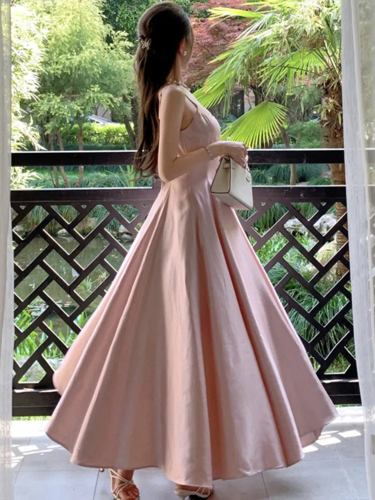 Satin Midi Dresses for Sleeveless High Waist Evening Party Dress A-line Prom Robe Korean Summer Vestidos