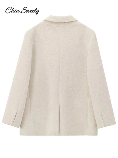 White Mohair Blazer Coat Loose Lapel Single-breasted Long Sleeve Thick Warm Jackets New Office Lady Street Outerwear