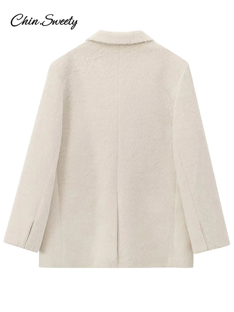 White Mohair Blazer Coat Loose Lapel Single-breasted Long Sleeve Thick Warm Jackets New Office Lady Street Outerwear