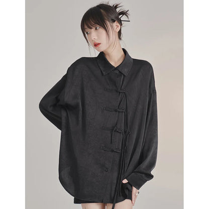 French Elegance Black Blouses Baggy Lapel Collar Korean Lady Sweet Cross Bandage Exquisite Shirts Single Breasted