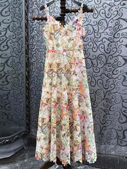 Long Dress Hotsweet Print Slash Collar 3d Flower Hollowed Out Camisole Dresses Spring Summer 959