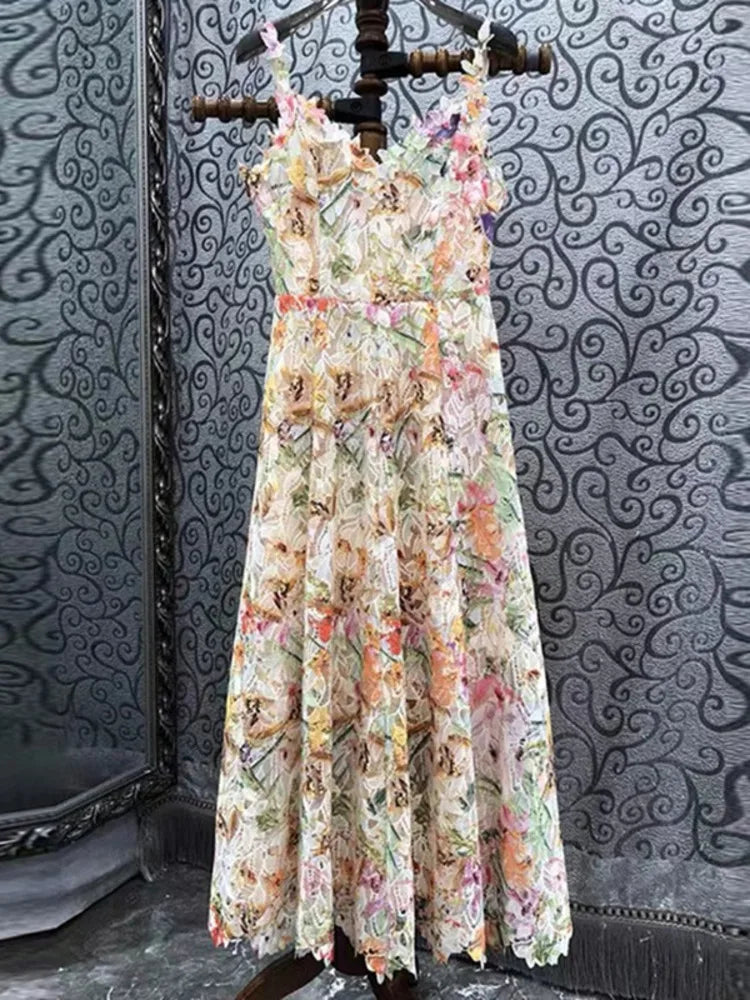 Long Dress Hotsweet Print Slash Collar 3d Flower Hollowed Out Camisole Dresses Spring Summer 959