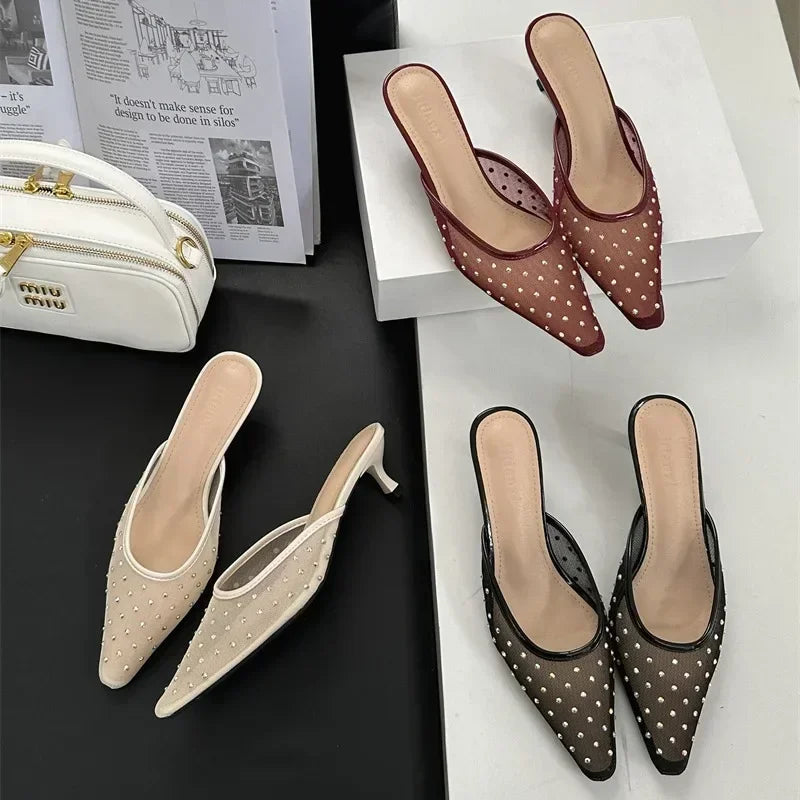 Summer Mesh Rhinestone High Heels Breathable Pointy Toe Shallow Mouth Dress Shoes Slippers Female