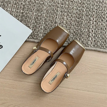 New Leather Low Heel Slipon Muller Shoes Soft Sole Shoes Outdoor Walking Woman Single Shoes