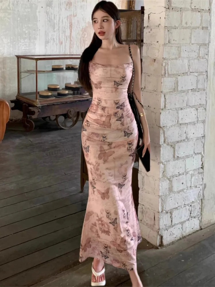 Bodycon Backless Bandage Long Dresses for Summer Printed Spaghetti Strap Laceup Party Dress Prom Vestidos