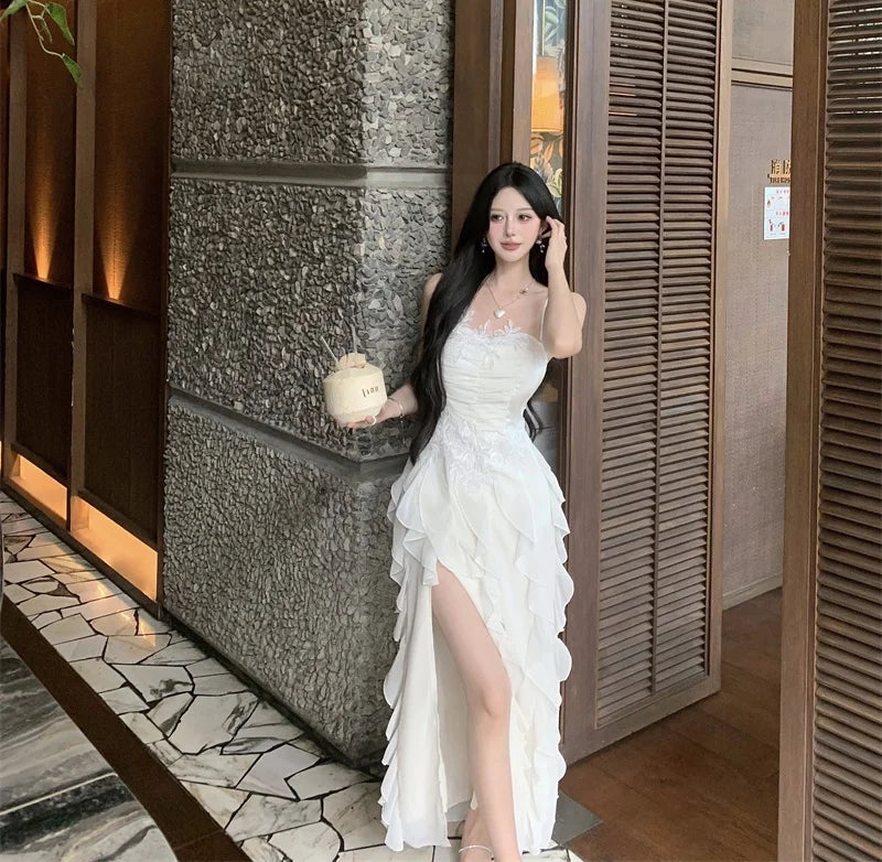 Korean Sweet Fairycore Long Dresses for Spaghetti Strap Ruffles Princess Party Dress Summer Slim Waist Vestidos