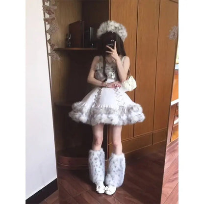 Winter New French Retro Sweet Girl Hairy Splicing Short Coat Puffy Strap Camisole Dress Lolita Dress Two Piece Set Outfits