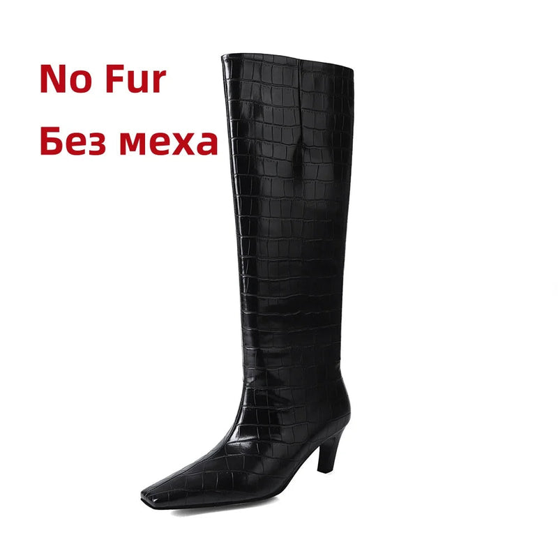 Knee High Boots for Stone Pattern Leather High Heels Autumn Winter Shoes Lady Long High Party Knight Booties