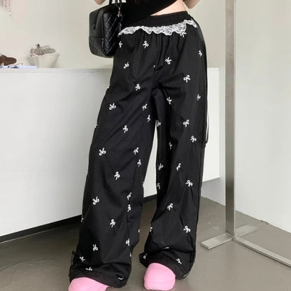 Y2k Coquette Bow Embroidery Wide Leg Pants Korean Style Kawaii Sweet Lace Patchwork High Waist Loose Pants Y2k