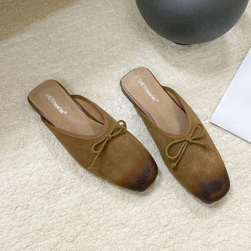 Mixed Color Bow Satin Square Toe Flat Slippers Comfortable Shallow Mule Shoes Zapatillas De Mujer