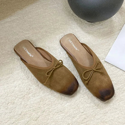 Mixed Color Bow Satin Square Toe Flat Slippers Comfortable Shallow Mule Shoes Zapatillas De Mujer