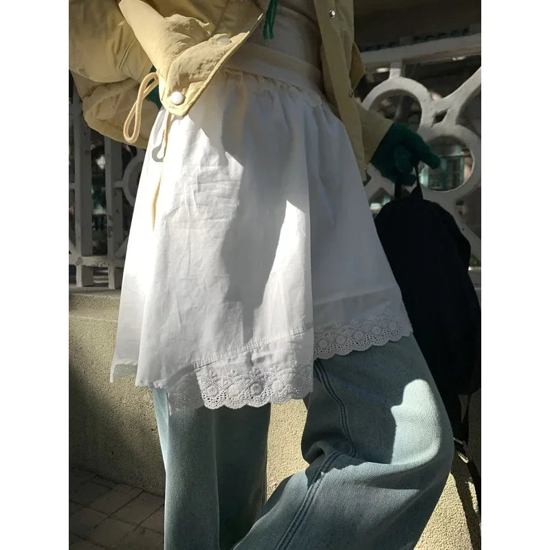 Loose Aline Skirt Spring New High Waist All Match Hollow Lace Splicing White Mini Skirt