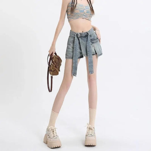 Hot Girl Retro Bow Denim Shorts Summer Shorts Skirts High Waist Hot Pants Strap High Waist Slimming Wide Legs Jeans