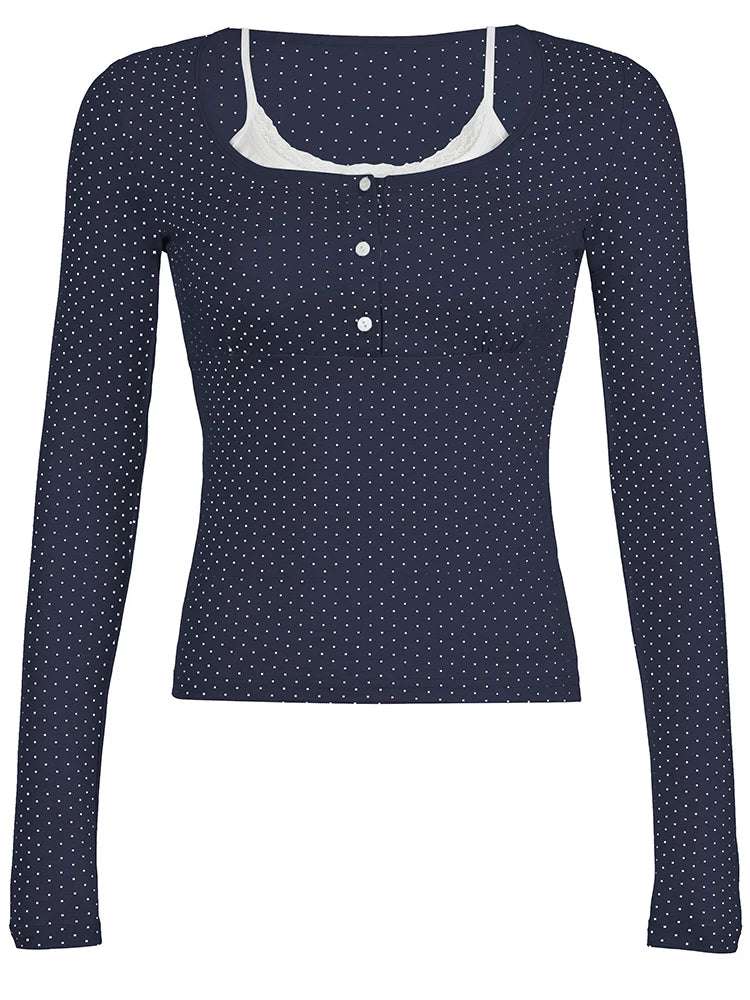 Dot Print Slim Y2k Long Sleeve T-shirt Contrast Lace Patchwork Button Up Square Collar Japanese Kawaii 2000s Tees