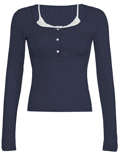 Dot Print Slim Y2k Long Sleeve T-shirt Contrast Lace Patchwork Button Up Square Collar Japanese Kawaii 2000s Tees