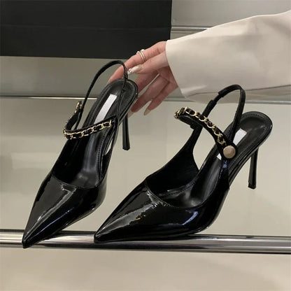 Summer Street Style Rivet Pointed Toe Pumps Sandals Buckle Strap Thin Heels Party Prom Stripper Shoes