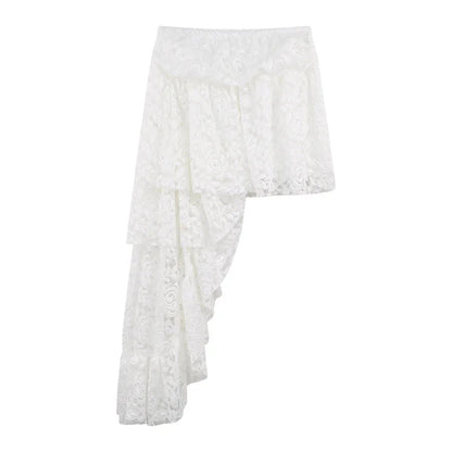 Color Hollow Lace Aline Skirt Summer New Korean Slim Pleated Asymmetric Cake Skirt