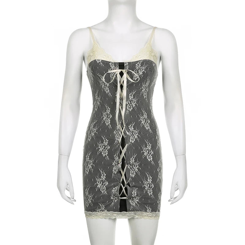Crochet Lace Patchwork Mini Dress Sleeveless Bodycon Dresses Party Robe Coquette Y2k