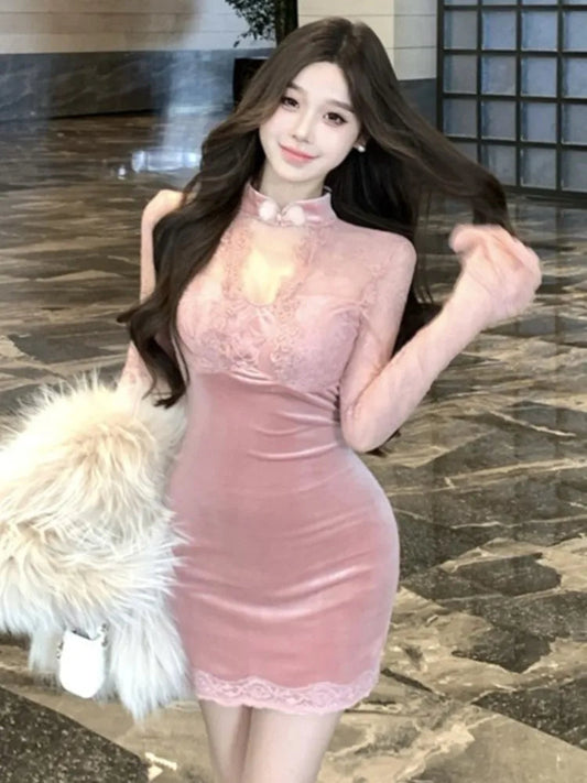 Velvet Mini Dress for Korean Lace Patchwork Flare Sleeve Party Short Dresses Female Slim Waist Vestidos New