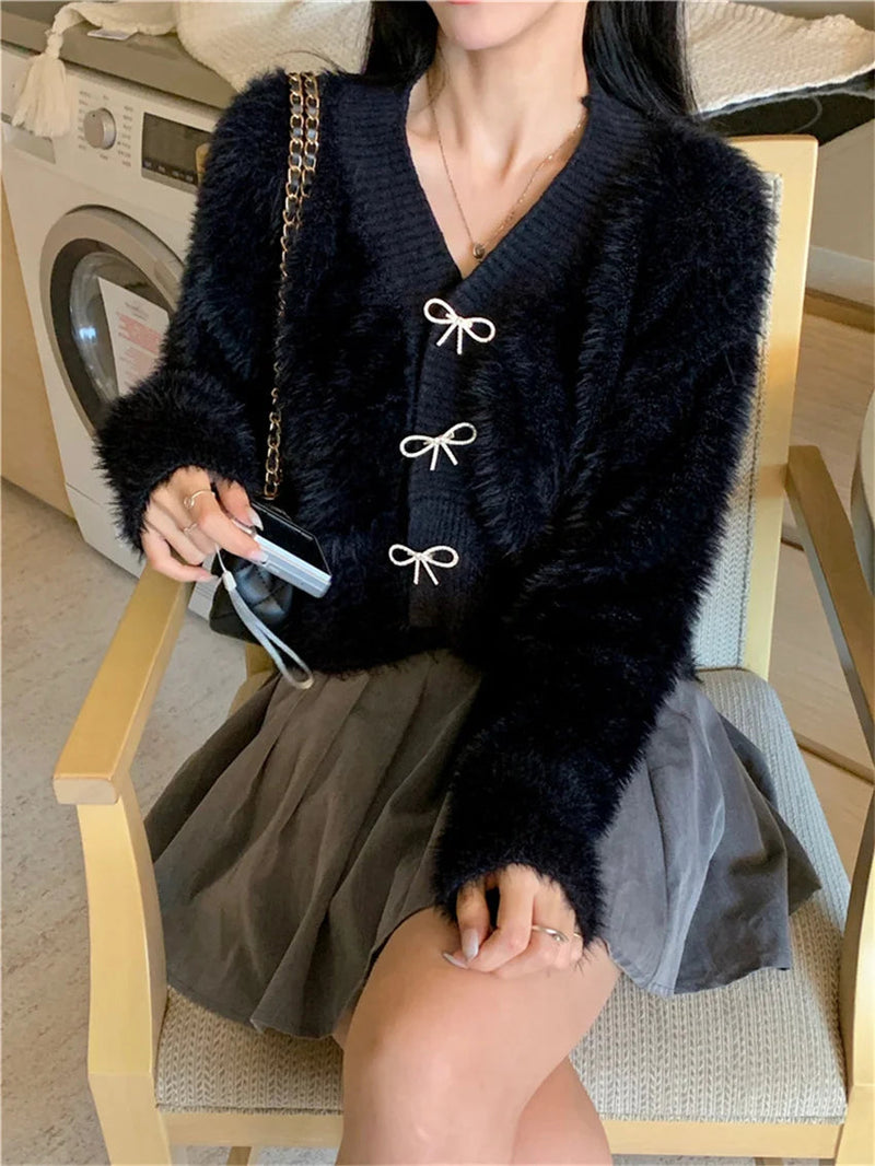Bow Outwear Coats Soft Winter Faux Mink Hair Office Lady Warm Slim Sweaters