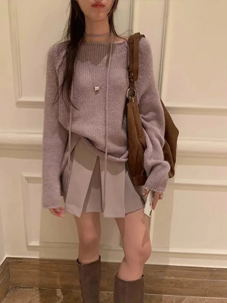 Knitted O-neck Sweaters Korean Loose Pullover Sweater With Thin Strip Female Autumn Street Base Knitwear