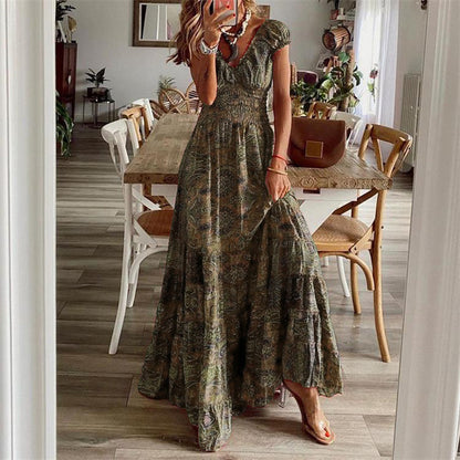 Print Long Dresses V-neck Elastic Waist Short Sleeves Vacation Style Dress Female Vestidos