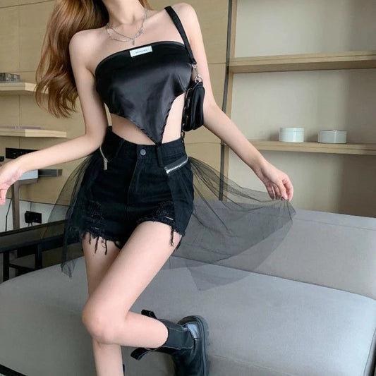 Ripped Denim Shorts Y2k Mesh Patchwork Wide Leg Shorts Jeans Korean High Waist Design Short Hot Pants