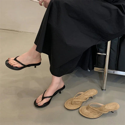 Summer Thin Low Heels Slippers Round Clip Toe Beach Sandals Flip Flops Shoes Zapatos De Mujer