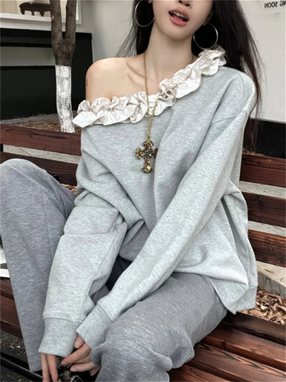 Grey Sweet Florals Sweatshirts Loose Spring Mujer Skew Collar New Daily All Match