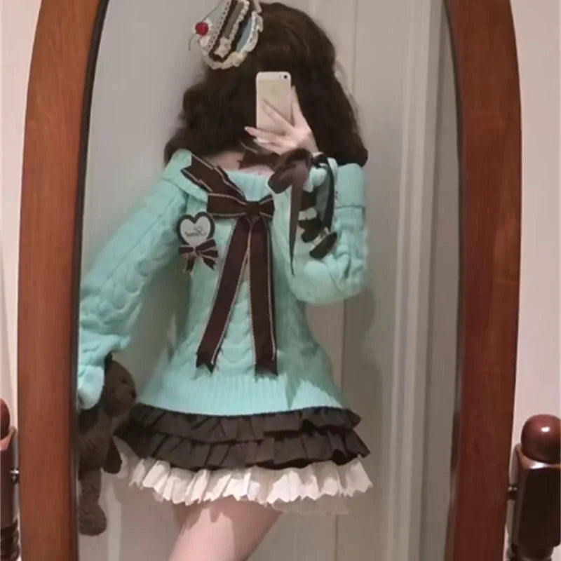 Kawaii Sweet Sweaters Off Shoulder Bow Patchwork Knitted Pullover Preppy Style Long Sleeve Sweaters