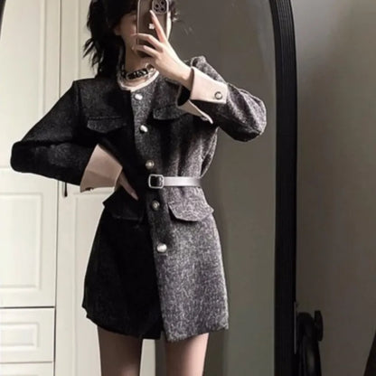 Autumn Winter Mini Dresses for With Belt Turn-down Collar Patchwork O-neck Korean Blazer Dress Vestidos
