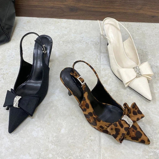 Leopard Thin High Heels Butterflyknot Office Shoes Summer Pointed Toe Sandals Pumps Sandalias De Mujer