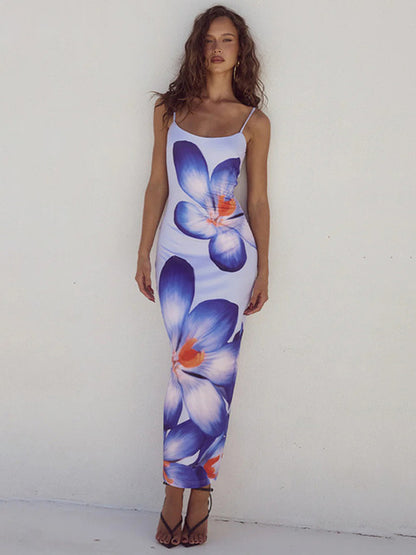Floreal Print Long Dress for Gown Summer New Spaghetti Strap Sleeveless Backless Bodycon Midi Dress