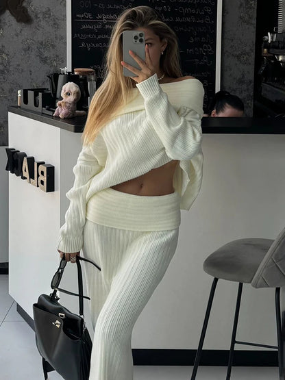 Knitted Skirt 2 Piece Set ’s One-shoulder Long Sleeves Sweater Pullover Slim Fit Long Skirt Suit Autumn New