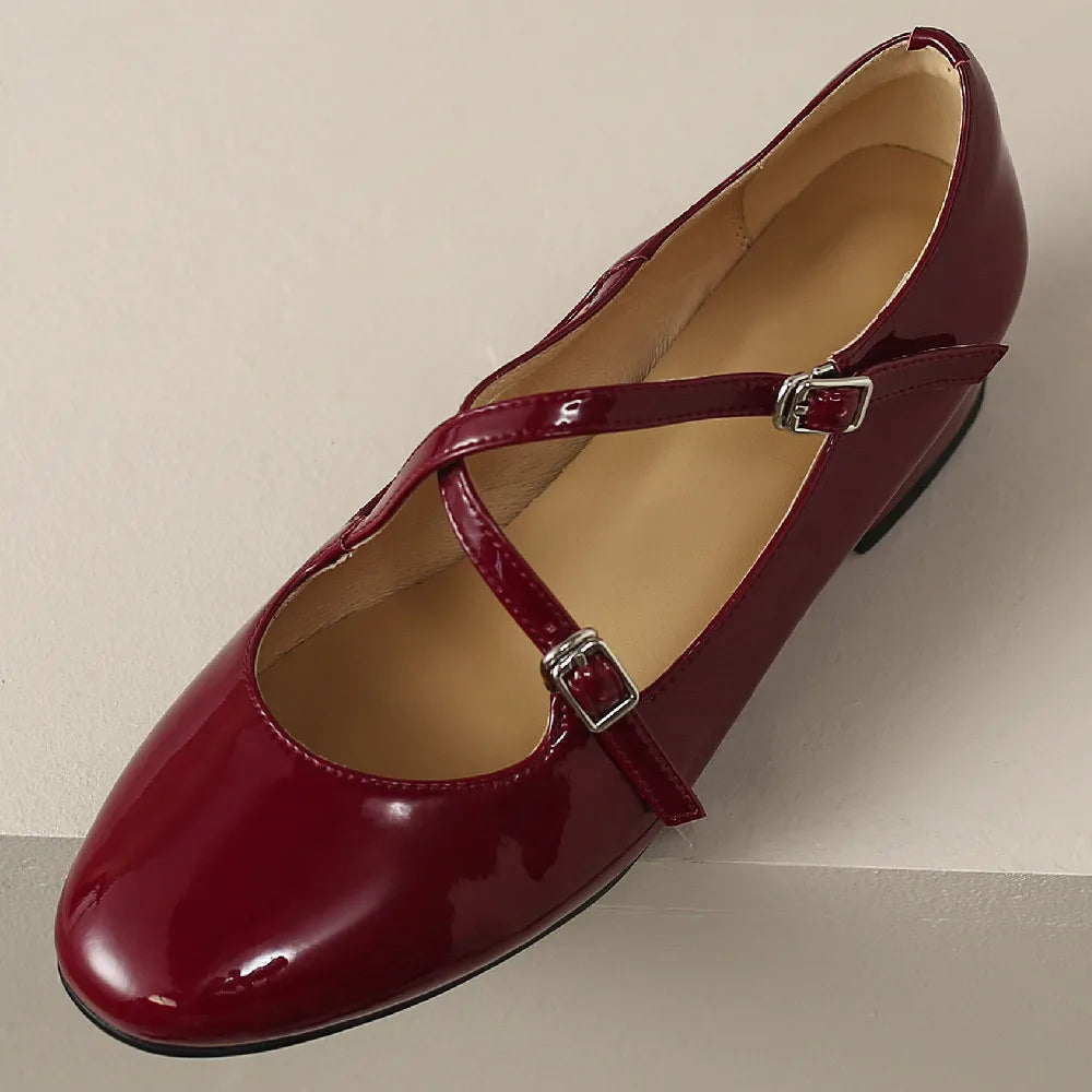 Genuine Leather Double Metal Belt Cross Strap Slipon Flats Daily Single Shoes Soft Comfortable Female Daily Shoe