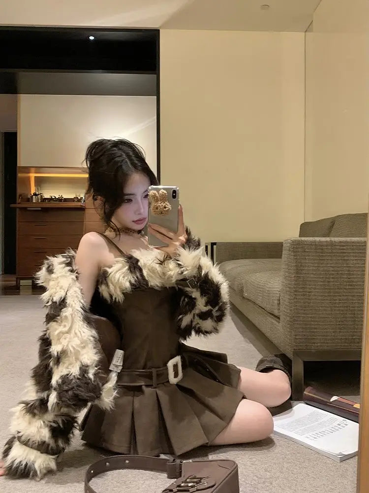 Autumn and Winter New Imitation Fur Leopard Pattern Fur Coat Waist Slimming Coffee Color Slip Dress Two Piece Set Outfits
