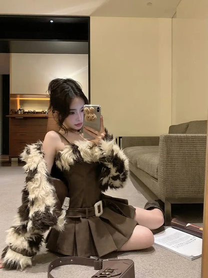 Autumn and Winter New Imitation Fur Leopard Pattern Fur Coat Waist Slimming Coffee Color Slip Dress Two Piece Set Outfits