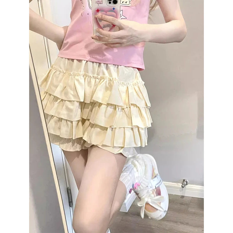Y2k Sweet Ruffles Mini Skirt Kawaii Lolita Bow a Line Skirts Harajuku Japanese High Waist Pink White Ball Gown Skirt