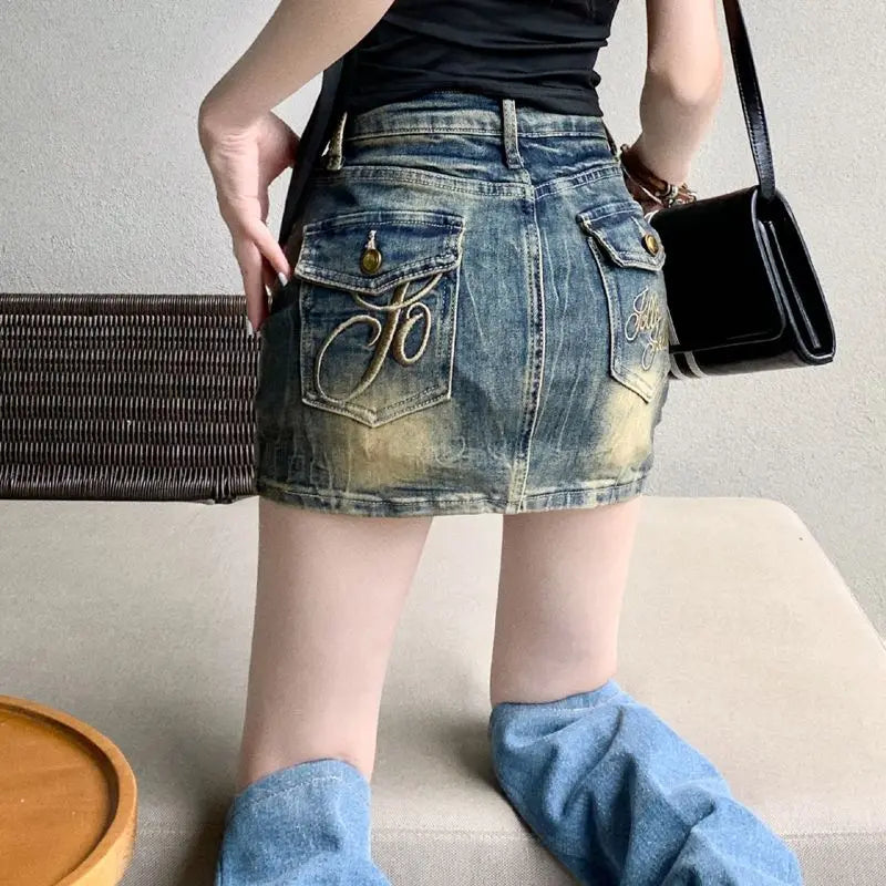 Embroidery Denim Half Skirt Summer Skirt Water Wash Elastic Wrap Hip Short Skirt