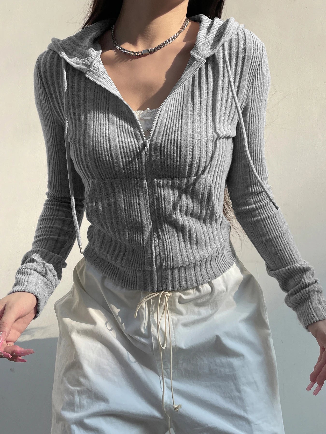 Gray Zip Up Knitted Hooded Jackets Pockets Details Simple Basic Minimalist Slim Long Sleeve Hoodies Knitwear