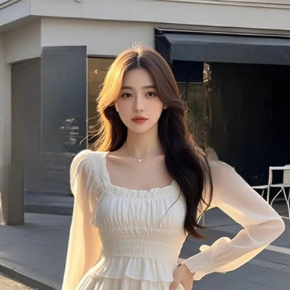 Sweet Ruffles Dresses White Korean Square Neck Mini Dress Aline Simple Vestidos Mujer