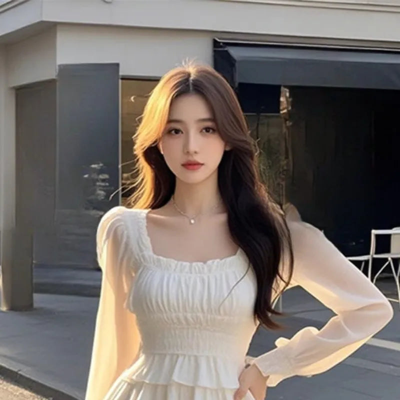 Sweet Ruffles Dresses White Korean Square Neck Mini Dress Aline Simple Vestidos Mujer
