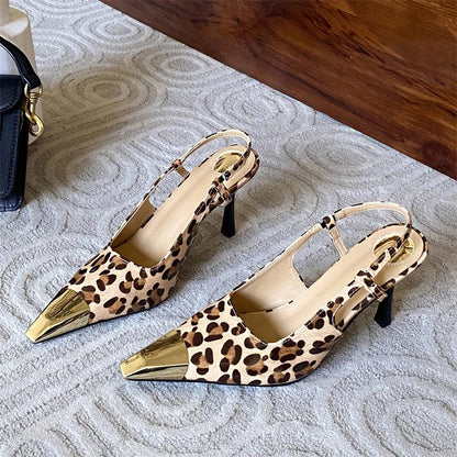 Shallow Pointed Toe Pumps Designer Leopard Print Thin High Heels Stripper Party Slingbacks Shoes