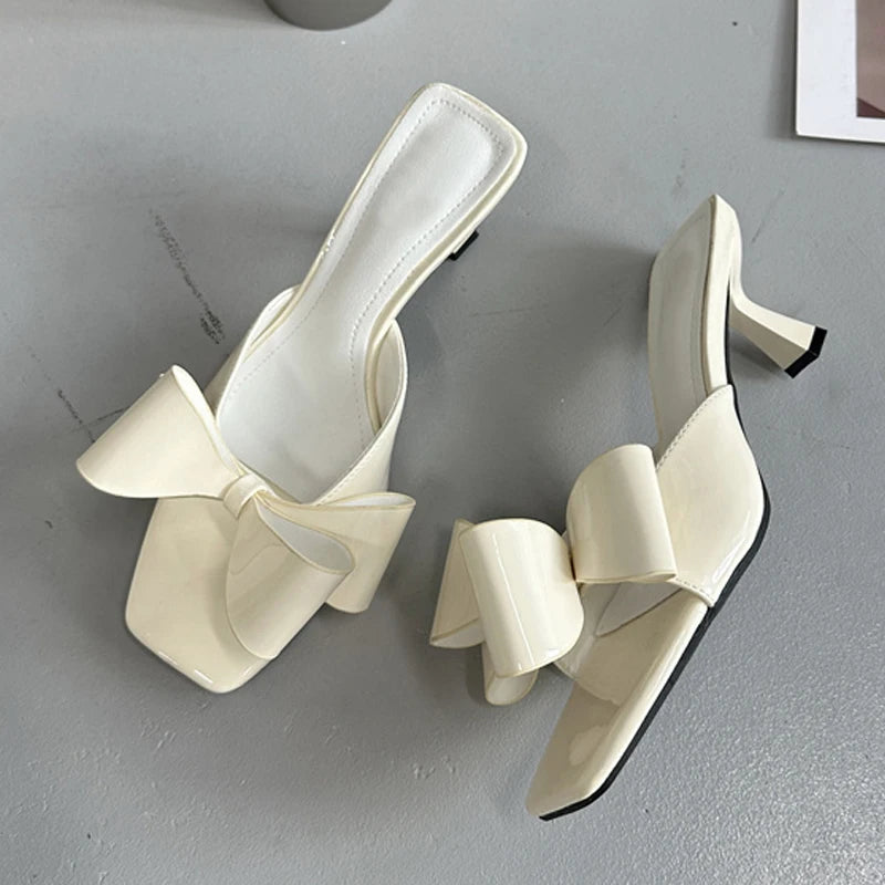 Patent Leather Butterfly Knot Slippers Square Toe Summer Sandals Low Thin Heels Mules Slides Shoes Size 39