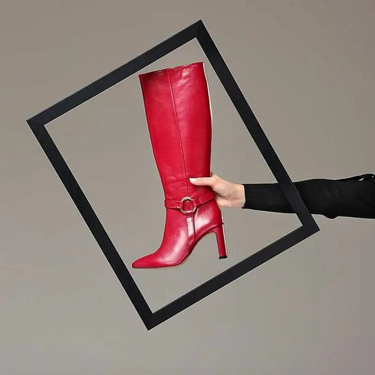 Burgundy Pointed Toe Heeled Knee High Boots With Ring Buckle Shoes Autumn